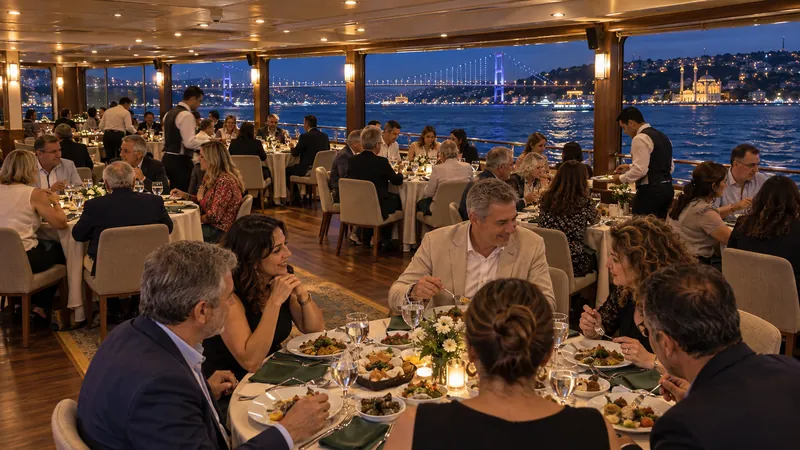 Kapalı salonda akşam yemeği için hazırlanmış masa düzeni