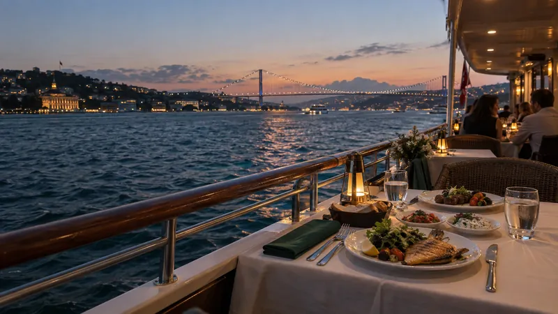Akşam yemeği için hazırlanmış Boğaz manzaralı masa düzeni
